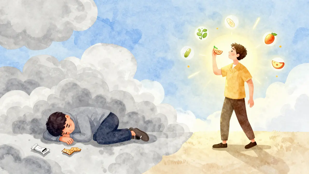 Illustration: Energielevel vor und nach gesundem Snack