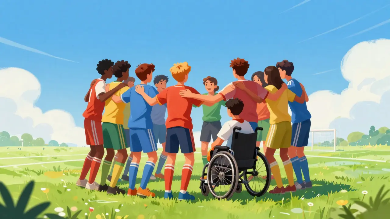 Mixed-gender youth team celebrating unity and inclusion