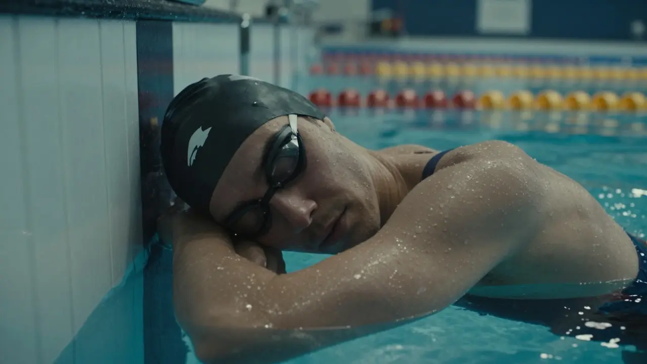 Schwimmer in Gedanken versunken am Beckenrand nach dem Training