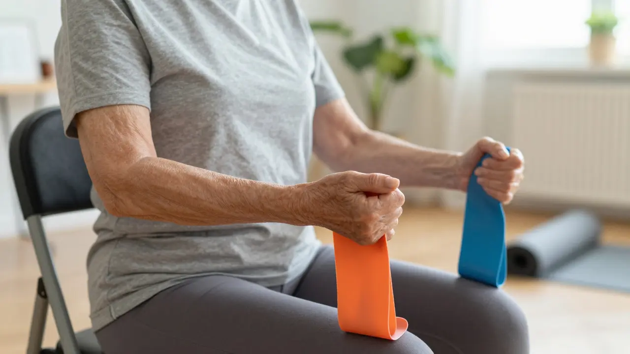 Senioren machen Krafttraining mit Widerstandsband zu Hause