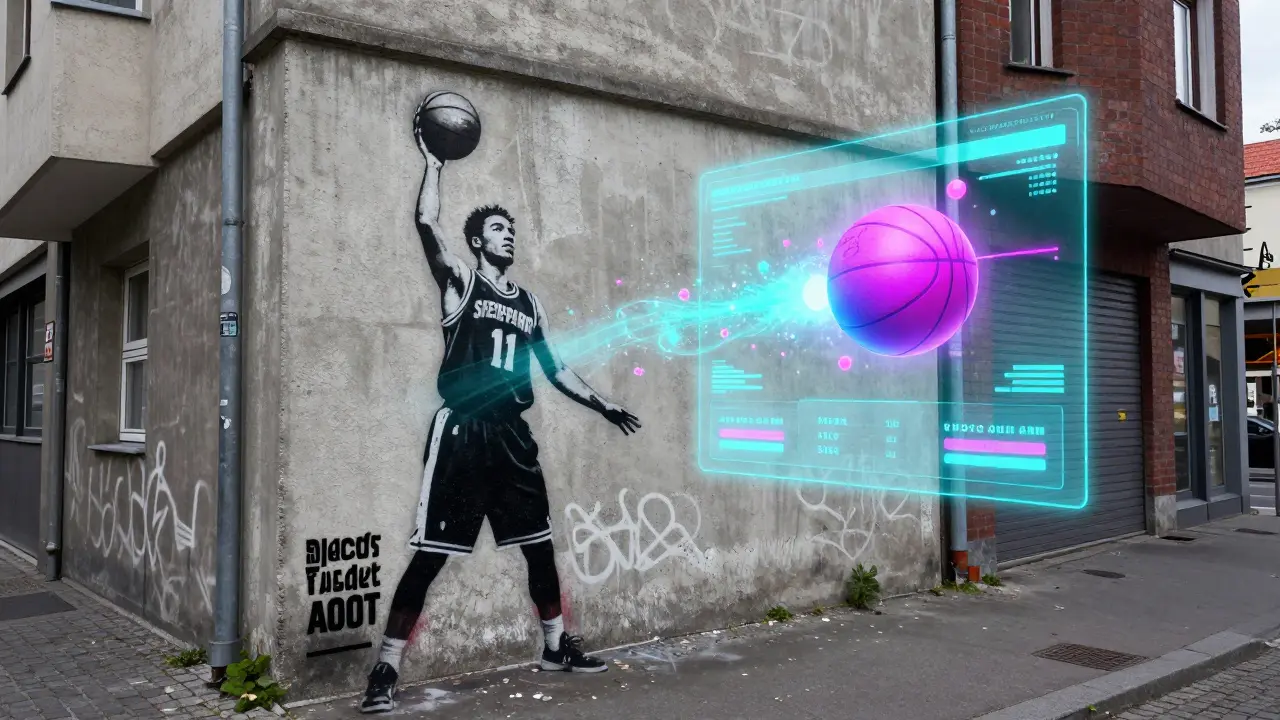 Street-Art-Mural mit AR-Overlays zeigt digitalen Basketball-Spieler