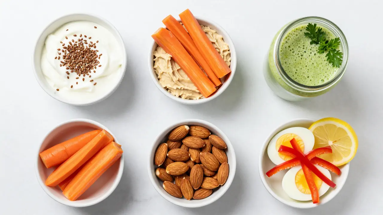 Übersicht gesunder Snacks wie Joghurt, Gemüsesticks und Nüsse