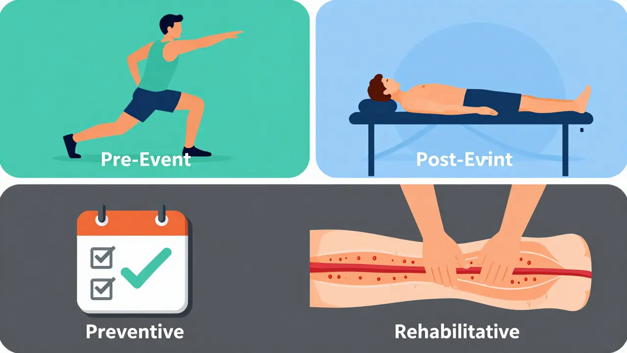Grafik der vier Phasen der Sportmassage: Prävention, Vorher, Nachher, Reha