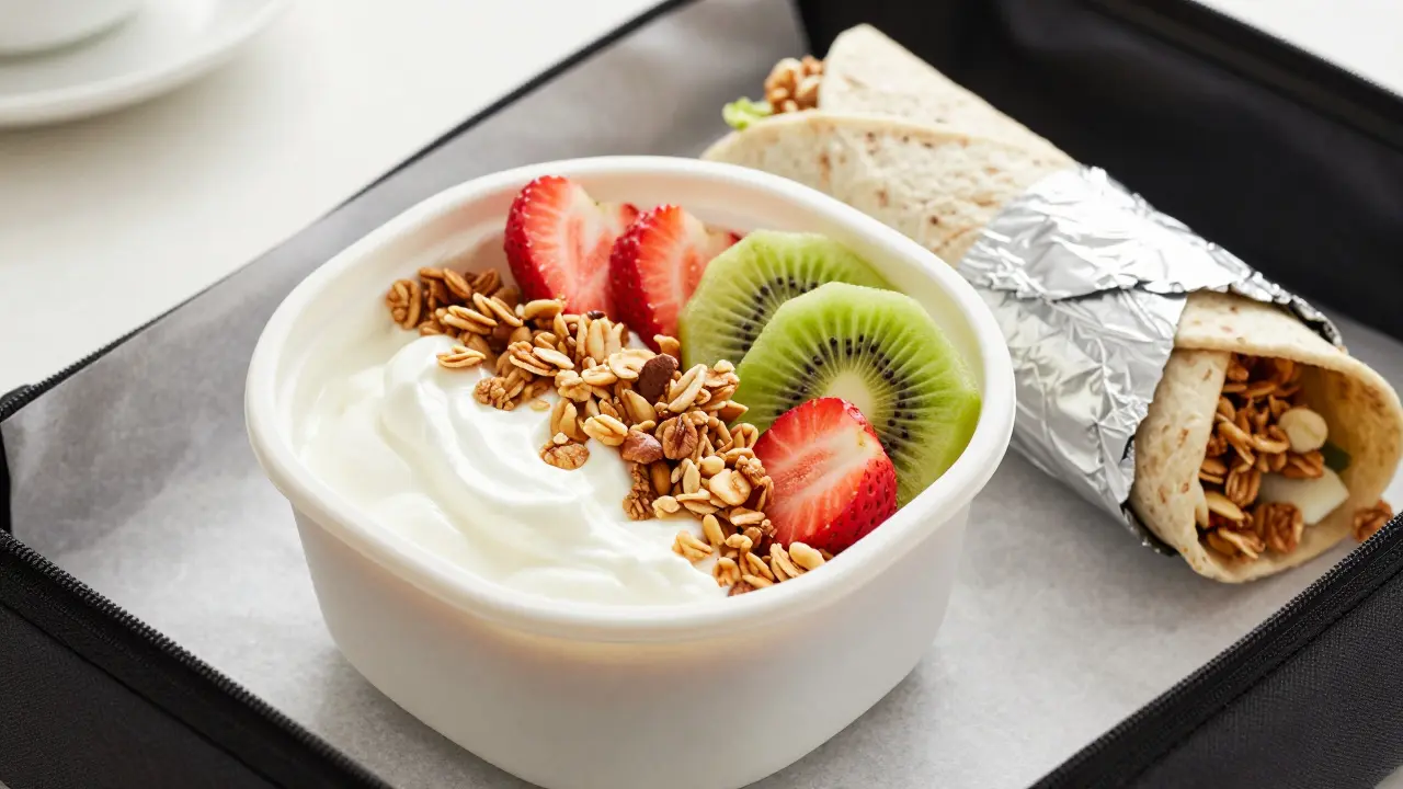 Griechischer Joghurt mit Granola und Obst sowie ein Power-Wrap als mobile Option