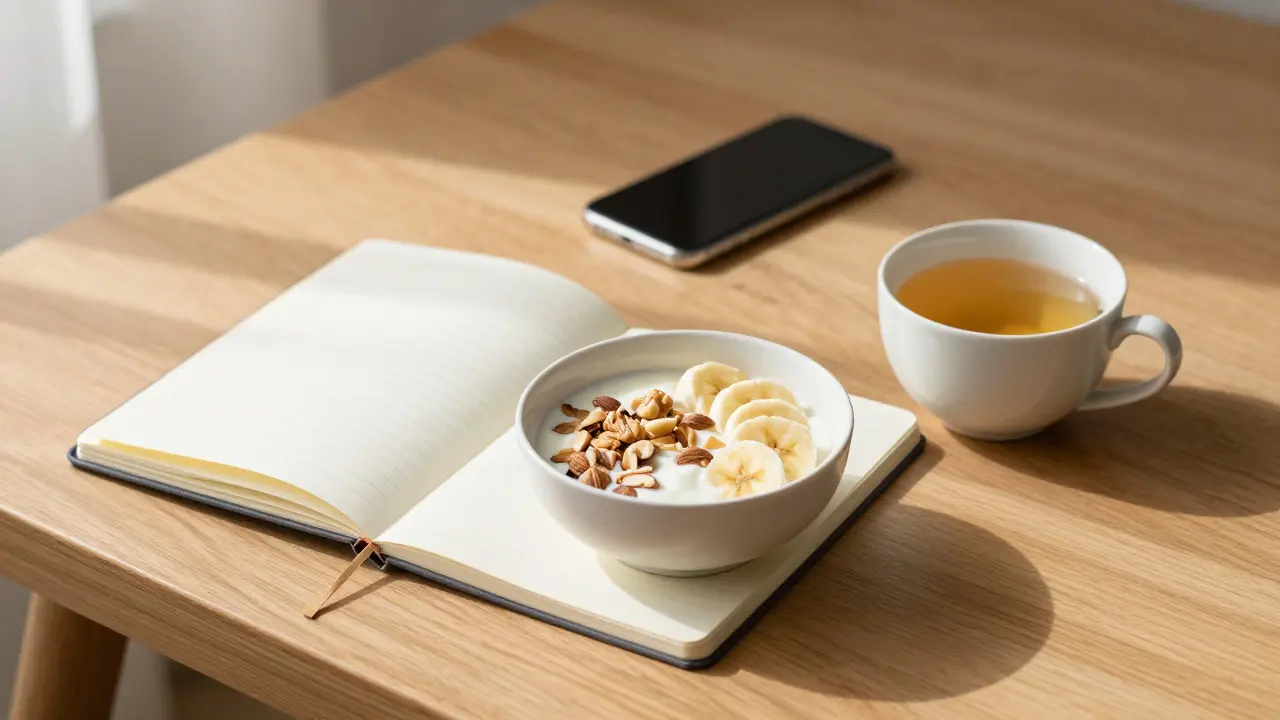 Morgendliche Routine mit Journal und gesunden Snacks