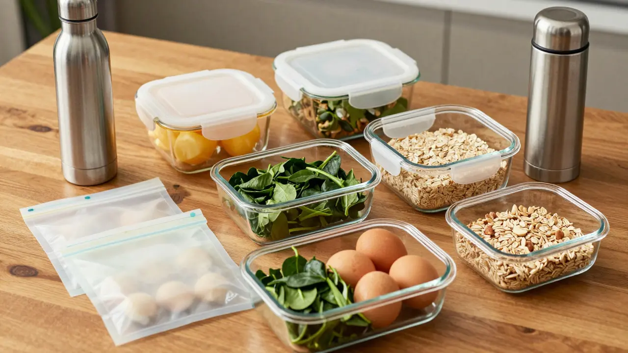 Organisierte Meal Prep mit Gläsern und Zutaten für die ganze Woche