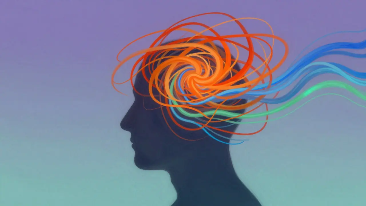 Abstract illustration of chaotic thoughts transforming into calm waves
