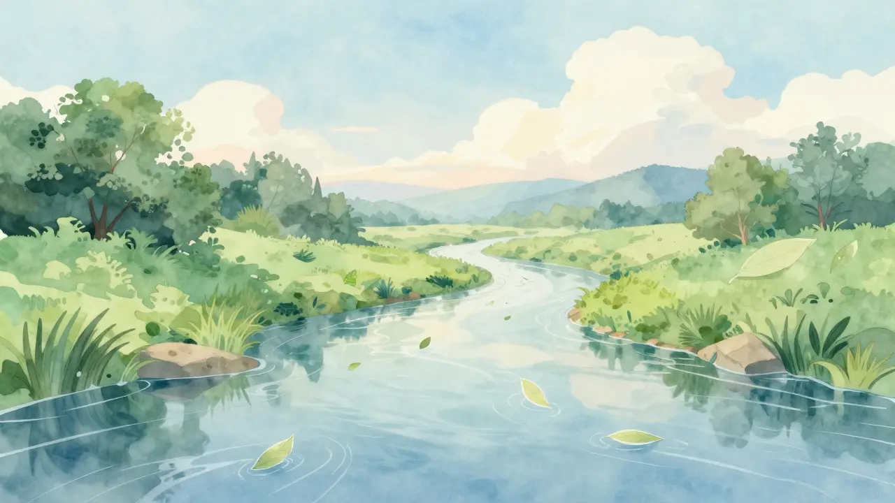 Abstract illustration of leaves floating on a calm river representing mindfulness