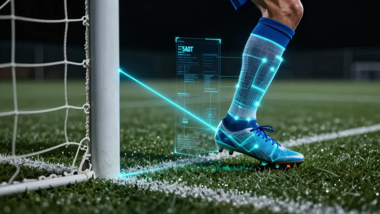 Digitale Überlagerung zeigt präzise Abseitslinie am Fußballschuh
