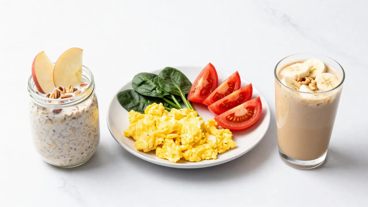 Drei gesunde Frühstücksoptionen: Overnight Oats, Rührei und Smoothie auf Marmor