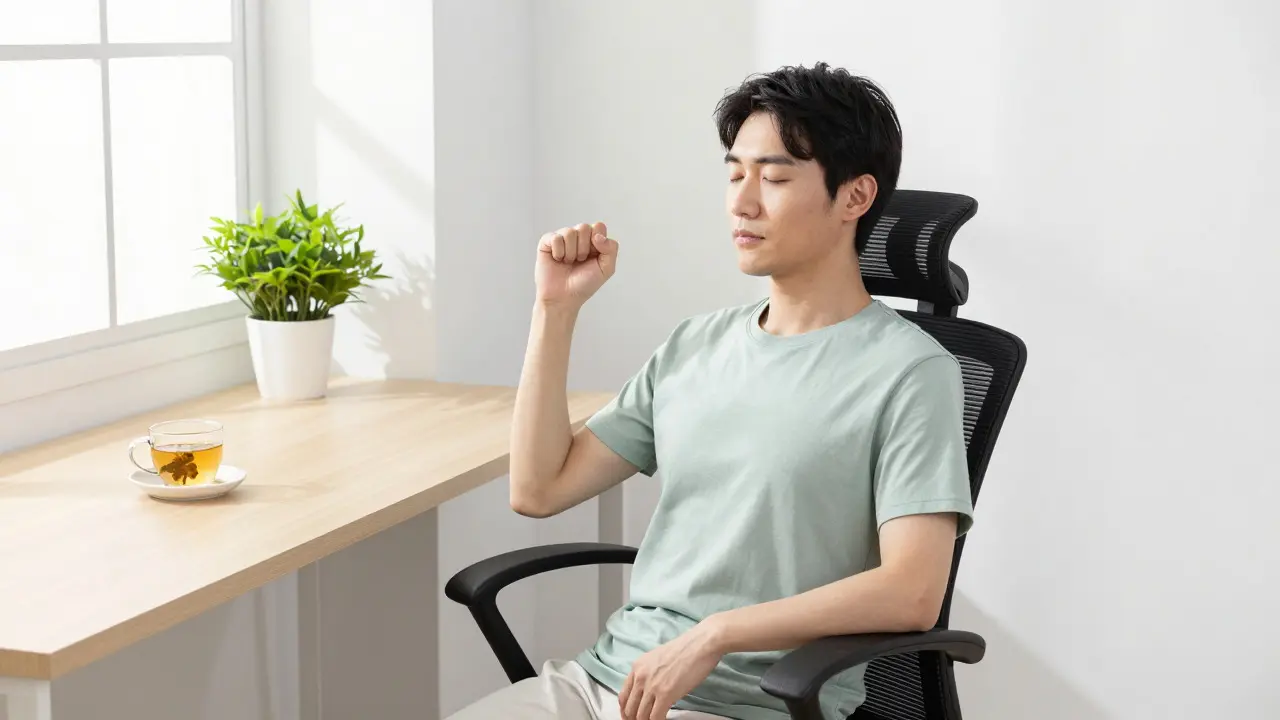 Individual performing progressive muscle relaxation in a tidy, bright home office
