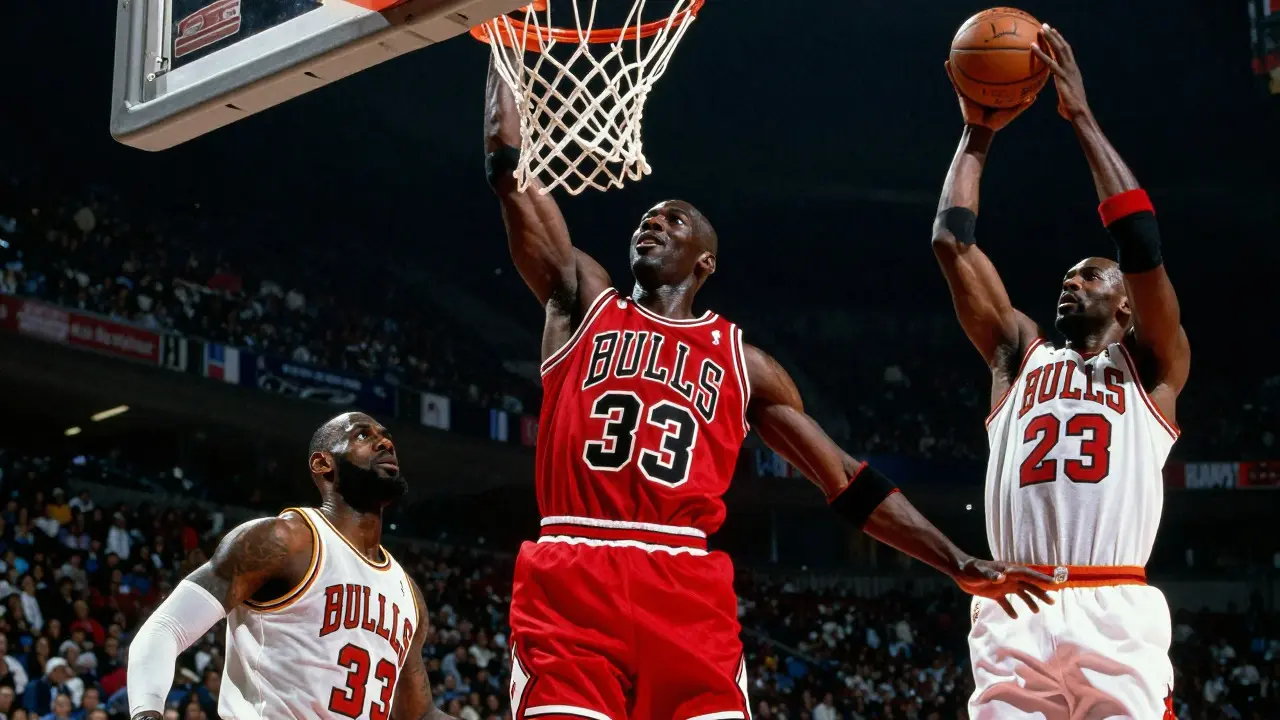 Michael Jordan beim Dribbeln, umgeben von anderen NBA-Legenden