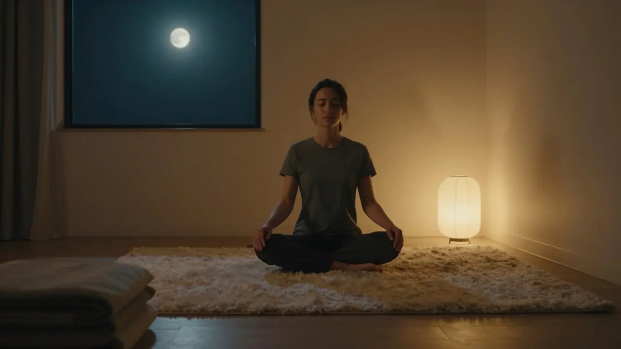 Person meditating in a dimly lit room, practicing evening relaxation
