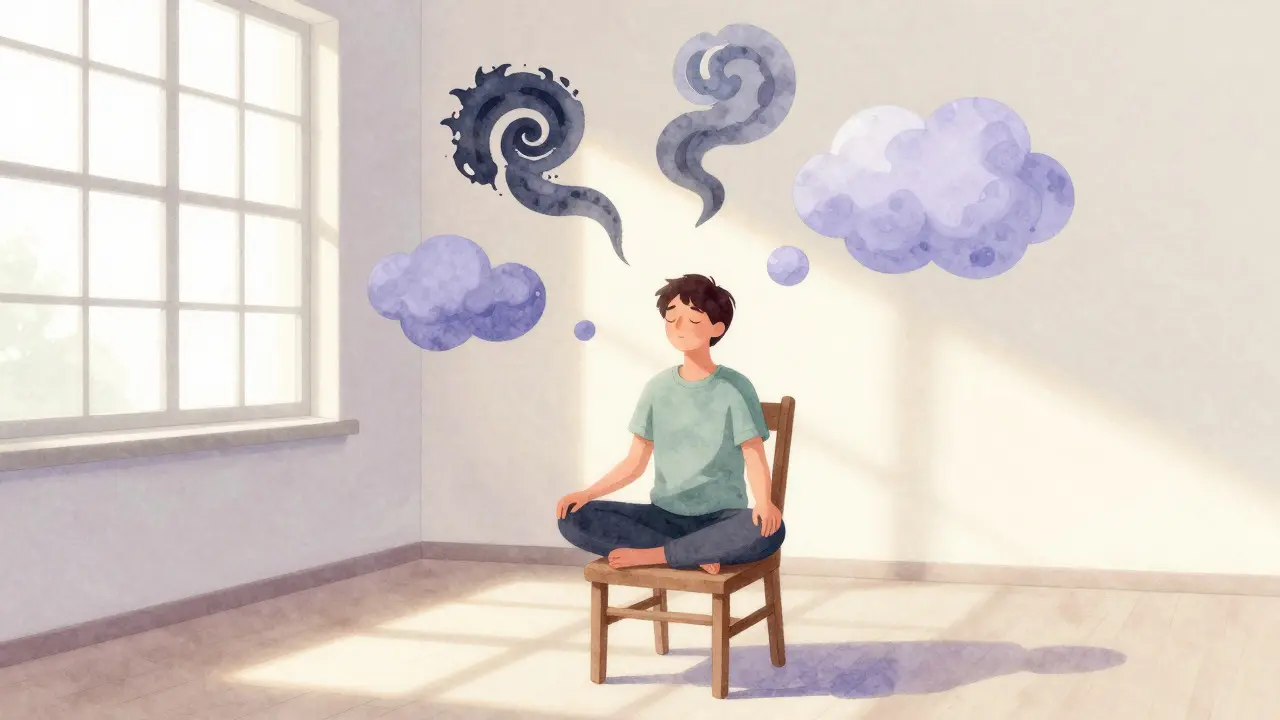 Person meditating on a chair with abstract thought swirls around them