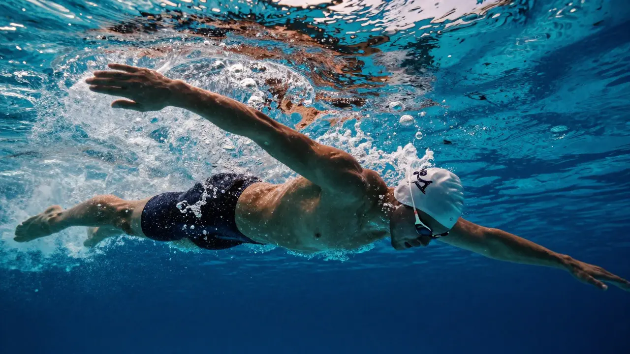 Schwimmerin bei einem kraftvollen Freistilzug unter Wasser mit dynamischer Lichtstimmung