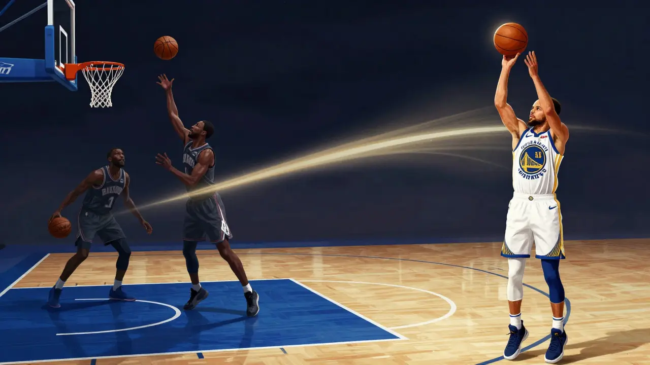 Stephen Curry schießt einen Dreipunktwurf, Symbol für moderne Taktik
