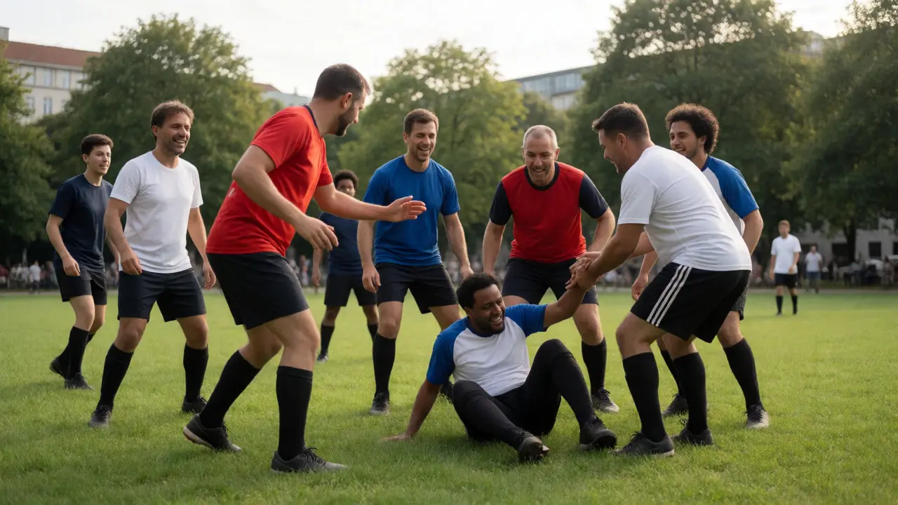 Diverse Amateurfußballer spielen freundschaftlich in einem Hamburger Stadtpark zusammen.
